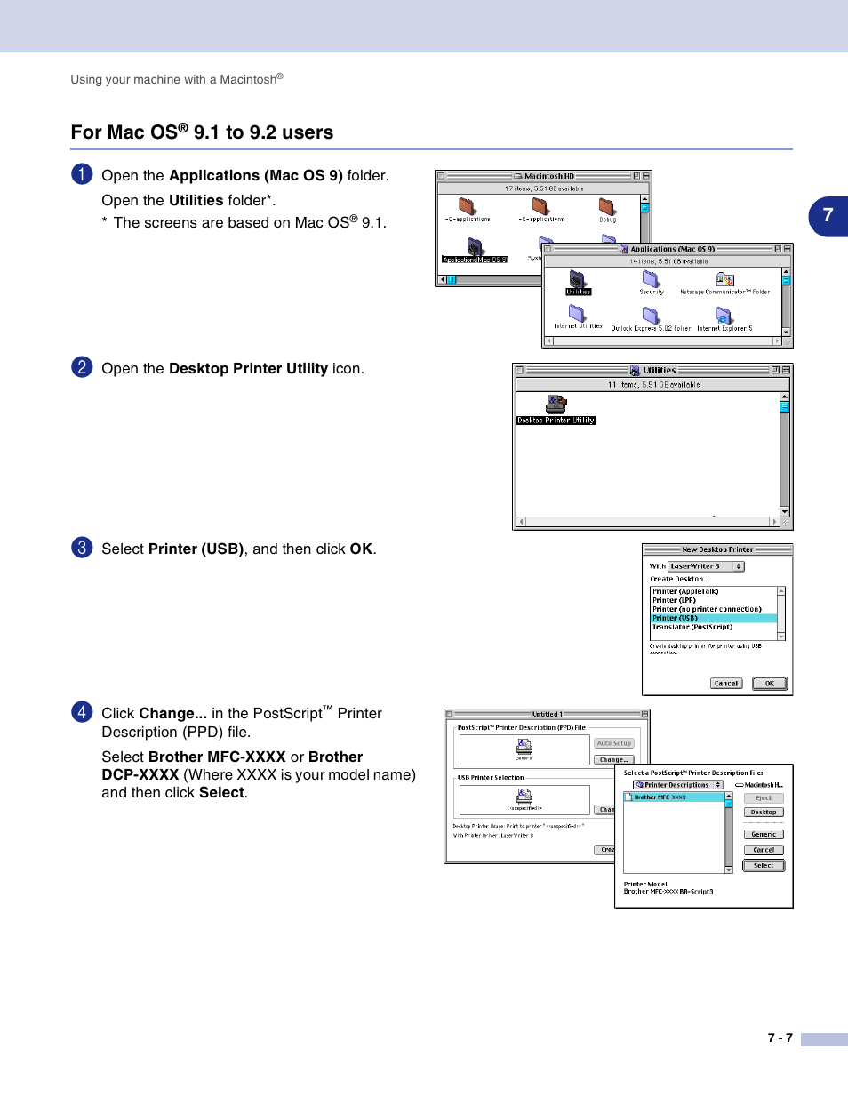 For mac os® 9.1 to 9.2 users, For mac os, 1 to 9.2 users -7 | 7for mac os, 1 to 9.2 users | Brother DCP-7010L User Manual | Page 86 / 117