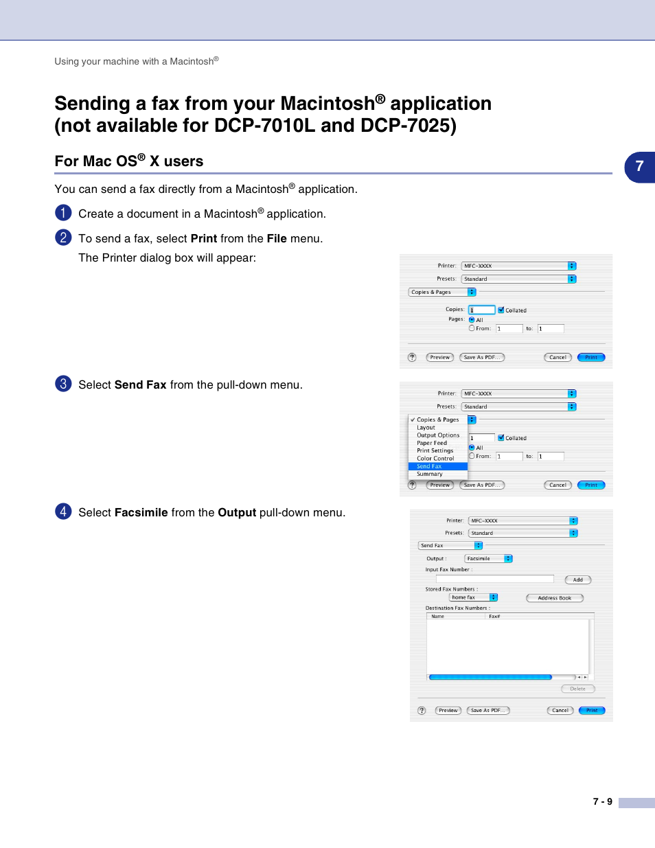 For mac os® x users, Sending a fax from your macintosh, Application | Not available for dcp-7010l and dcp-7025) -9, For mac os, X users -9 | Brother DCP-7010L User Manual | Page 88 / 117
