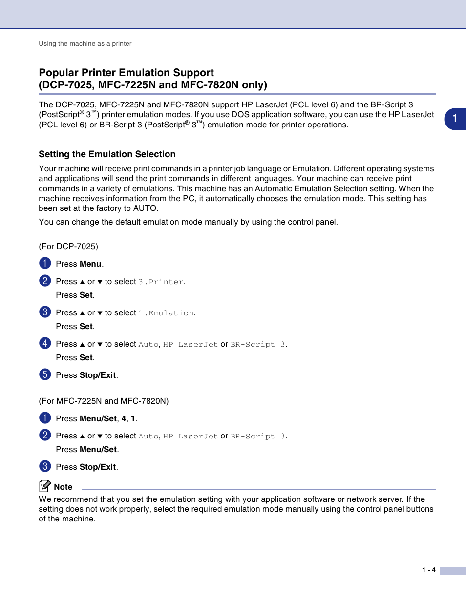 Setting the emulation selection, Popular printer emulation support, Dcp-7025, mfc-7225n and mfc-7820n only) -4 | Brother DCP-7010L User Manual | Page 9 / 117