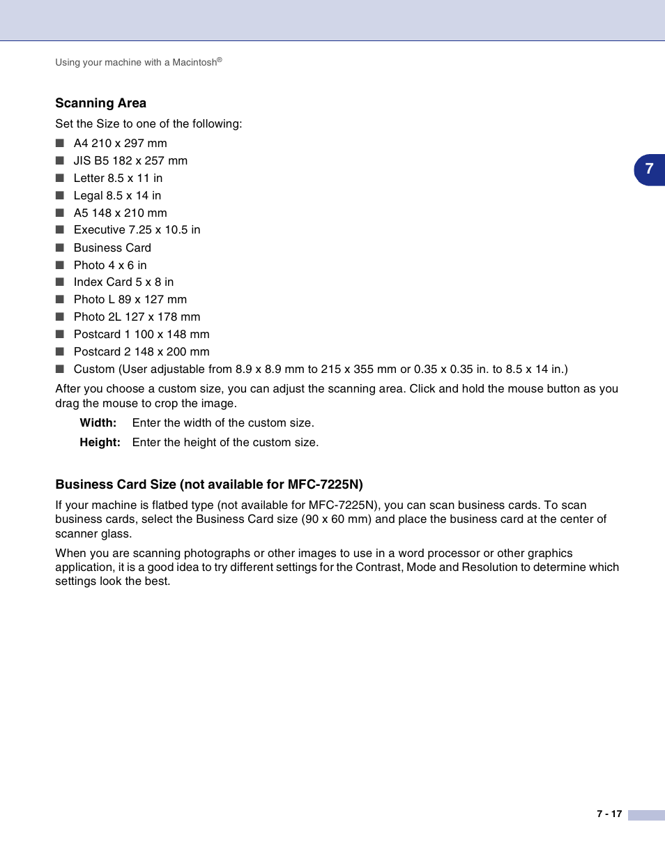Scanning area, Business card size (not available for mfc-7225n) | Brother DCP-7010L User Manual | Page 96 / 117