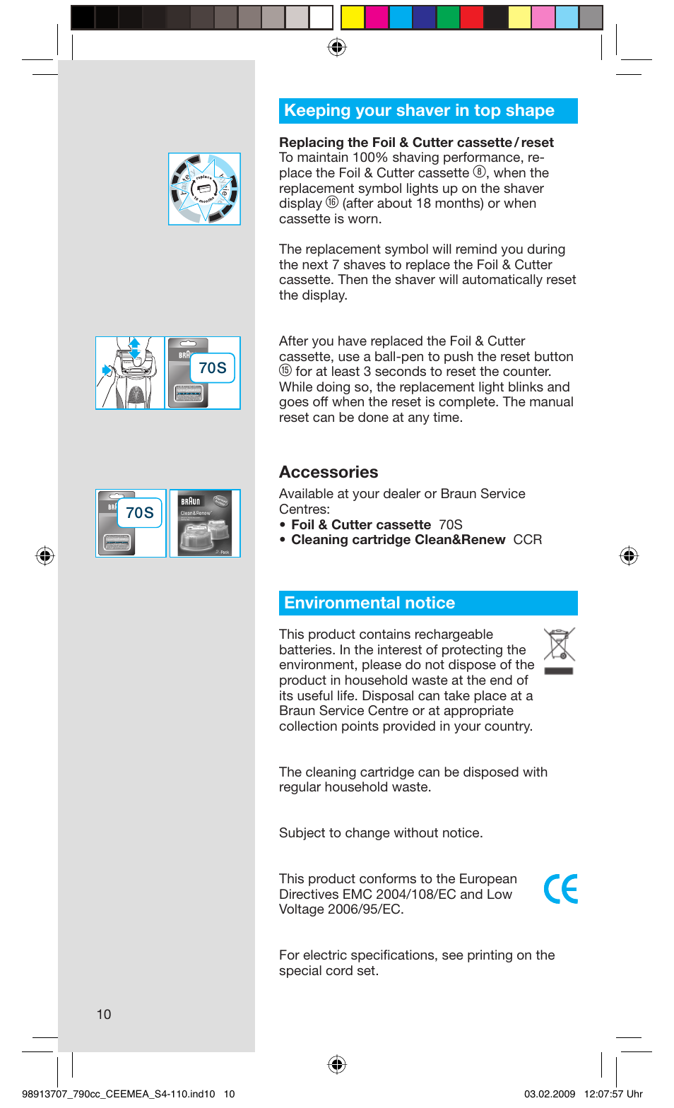 Keeping your shaver in top shape, Accessories, Environmental notice | Braun 790cc Series 7 User Manual | Page 10 / 106