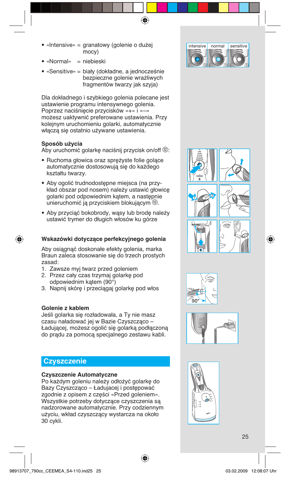 Czyszczenie, Sensitive normal intensive, Rese t | Braun 790cc Series 7 User Manual | Page 25 / 106