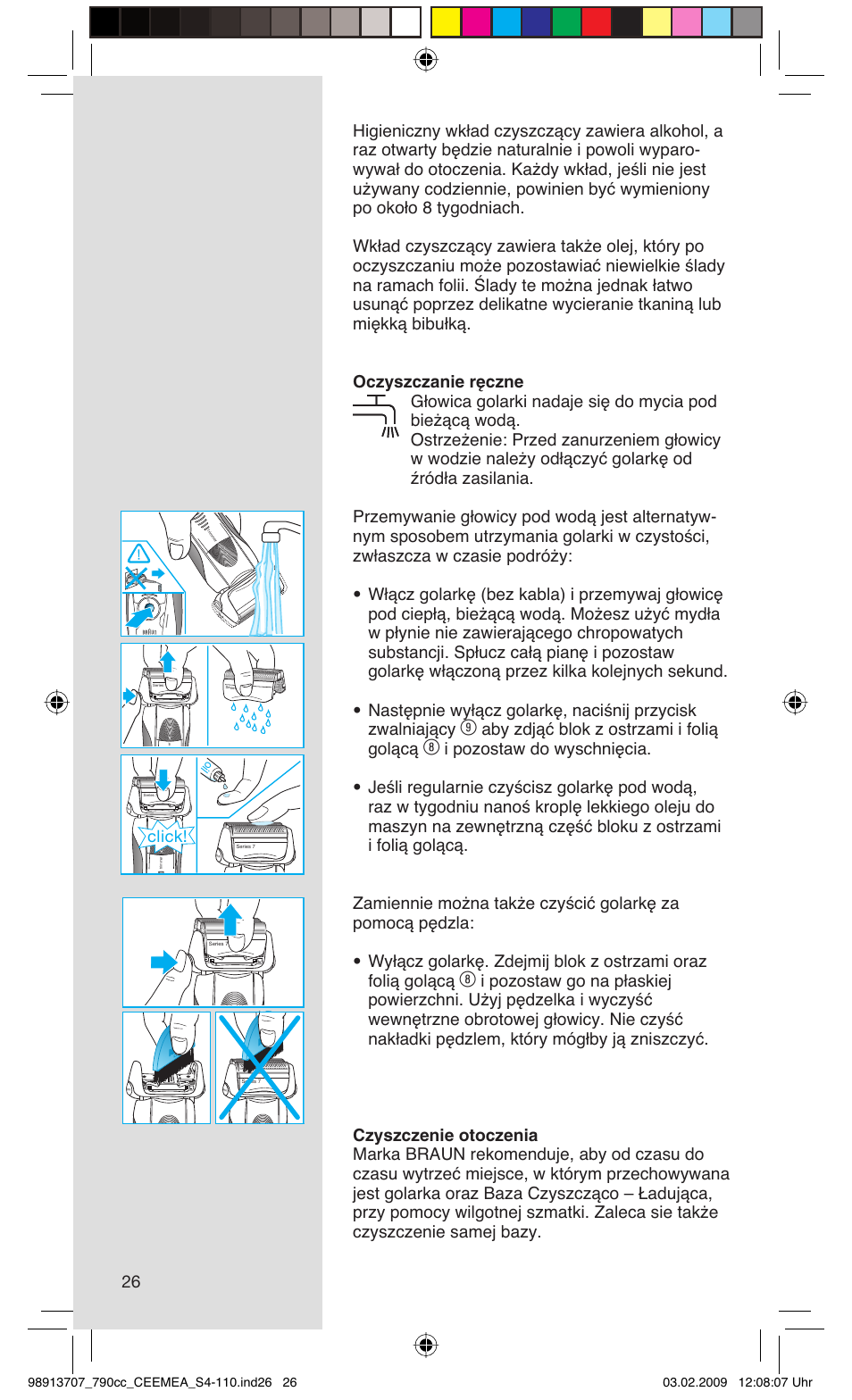 Aby zdjąć blok z ostrzami i folią golącą, Click | Braun 790cc Series 7 User Manual | Page 26 / 106