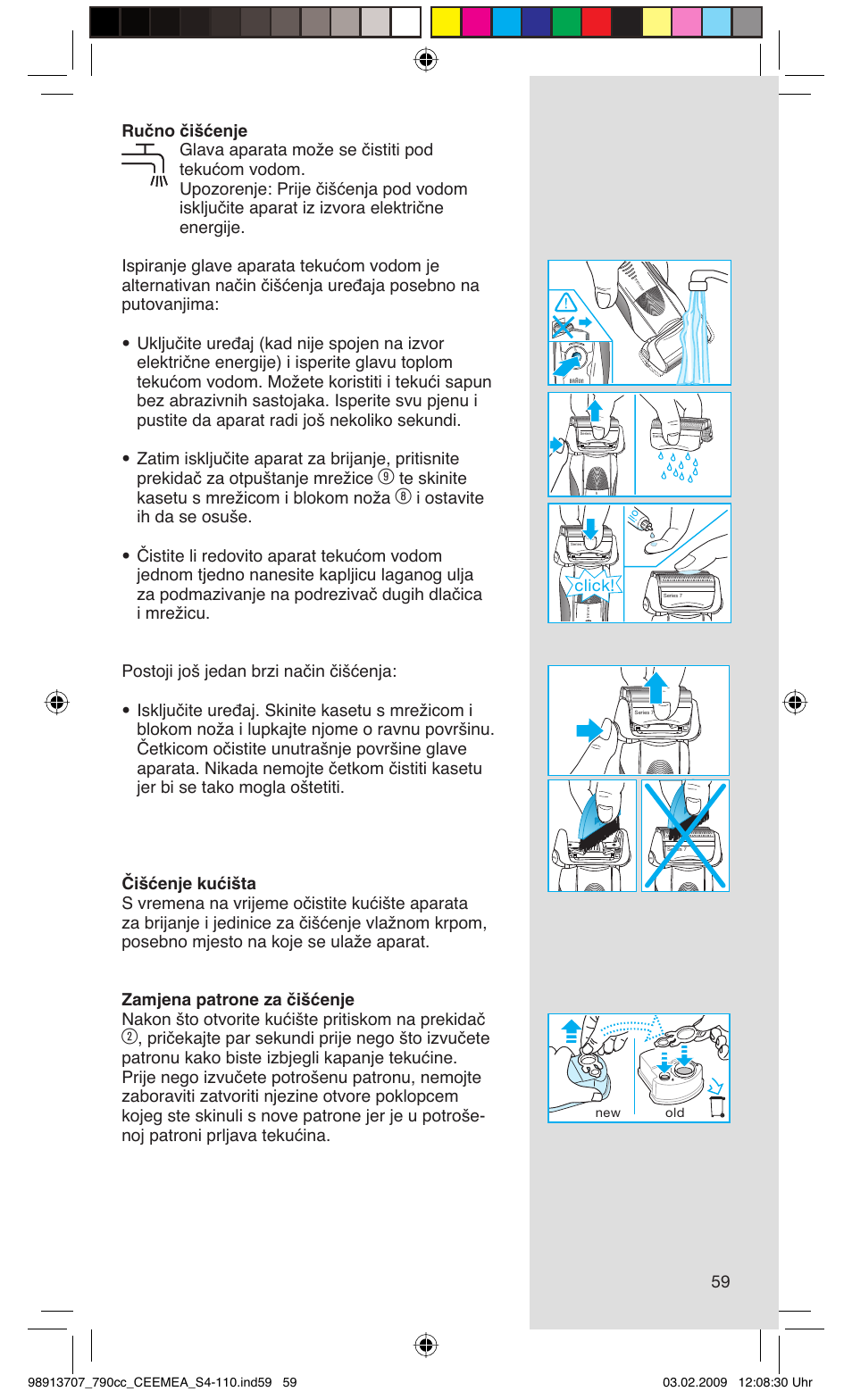 Te skinite kasetu s mrežicom i blokom noža, Click | Braun 790cc Series 7 User Manual | Page 59 / 106