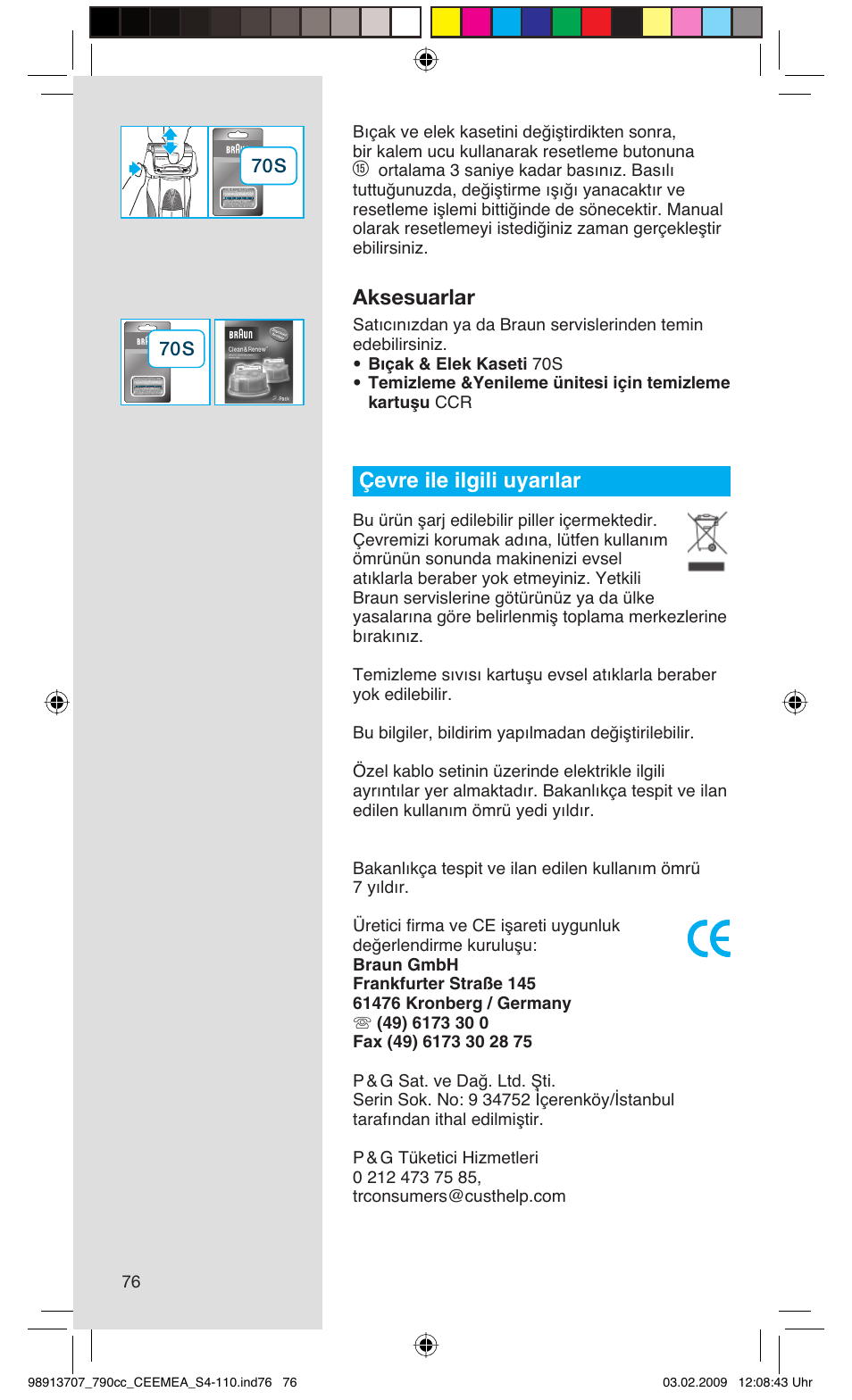 Aksesuarlar, Çevre ile ilgili uyarılar | Braun 790cc Series 7 User Manual | Page 76 / 106