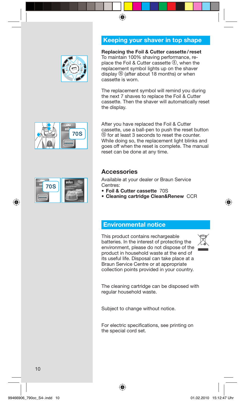 Keeping your shaver in top shape, Accessories, Environmental notice | Braun 790cc-3 Series 7 User Manual | Page 10 / 101