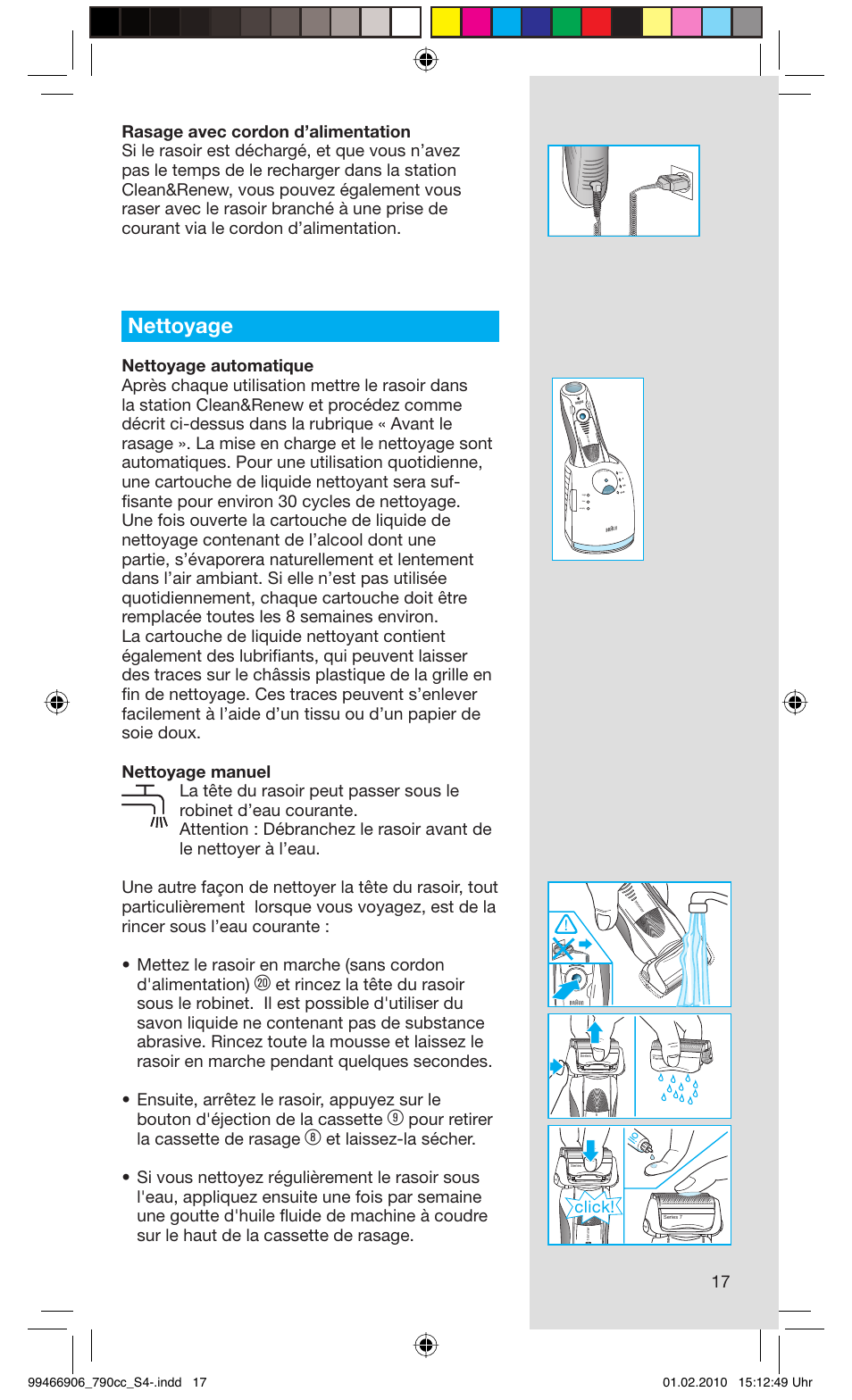 Nettoyage, Pour retirer la cassette de rasage, Click | Rese t | Braun 790cc-3 Series 7 User Manual | Page 17 / 101