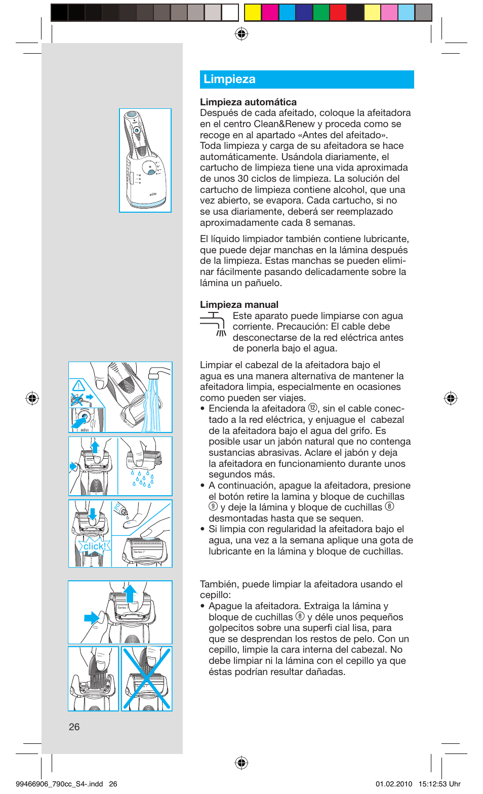 Limpieza, Y deje la lámina y bloque de cuchillas, Click | Reset | Braun 790cc-3 Series 7 User Manual | Page 26 / 101