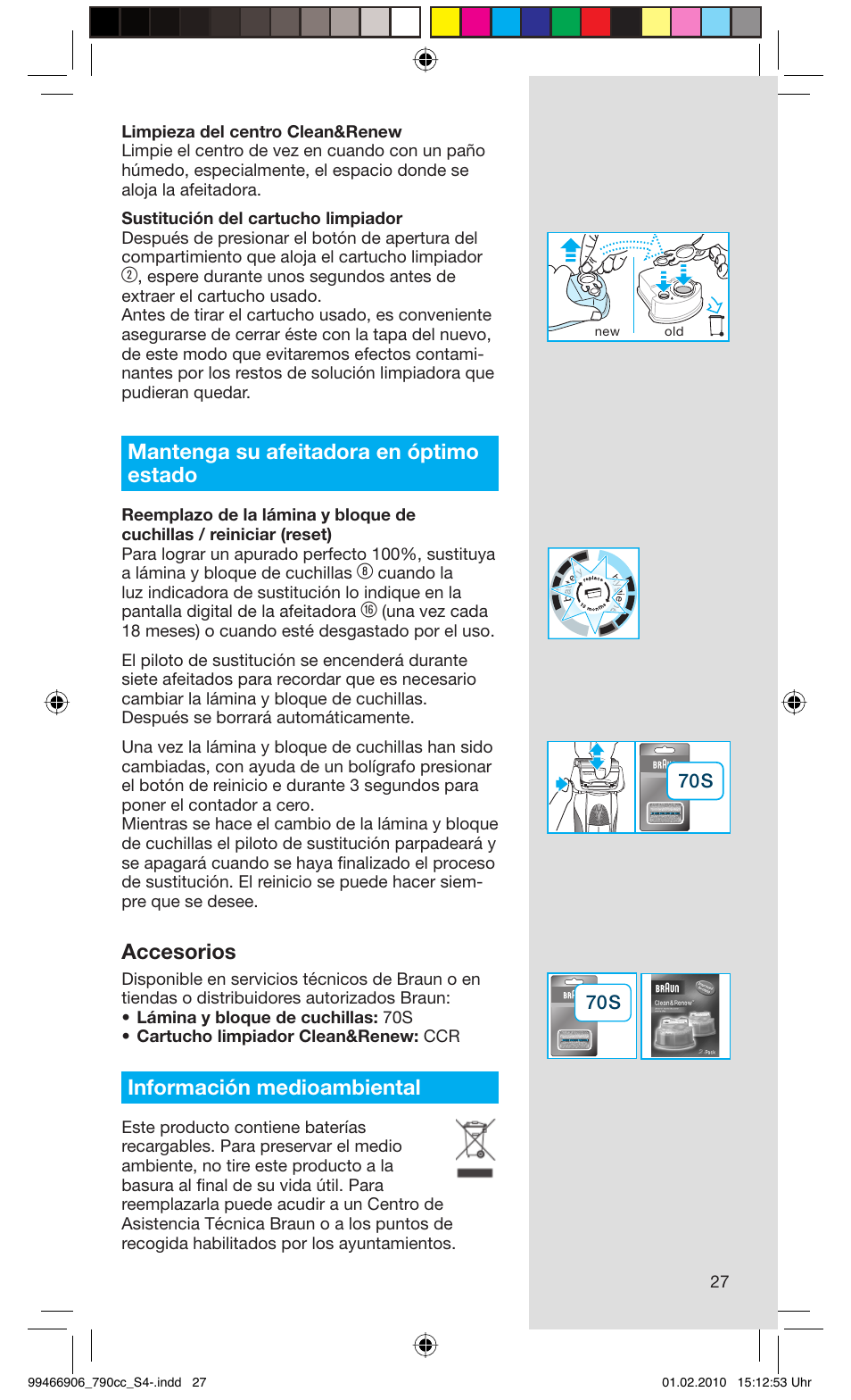 Mantenga su afeitadora en óptimo estado, Accesorios, Información medioambiental | Braun 790cc-3 Series 7 User Manual | Page 27 / 101