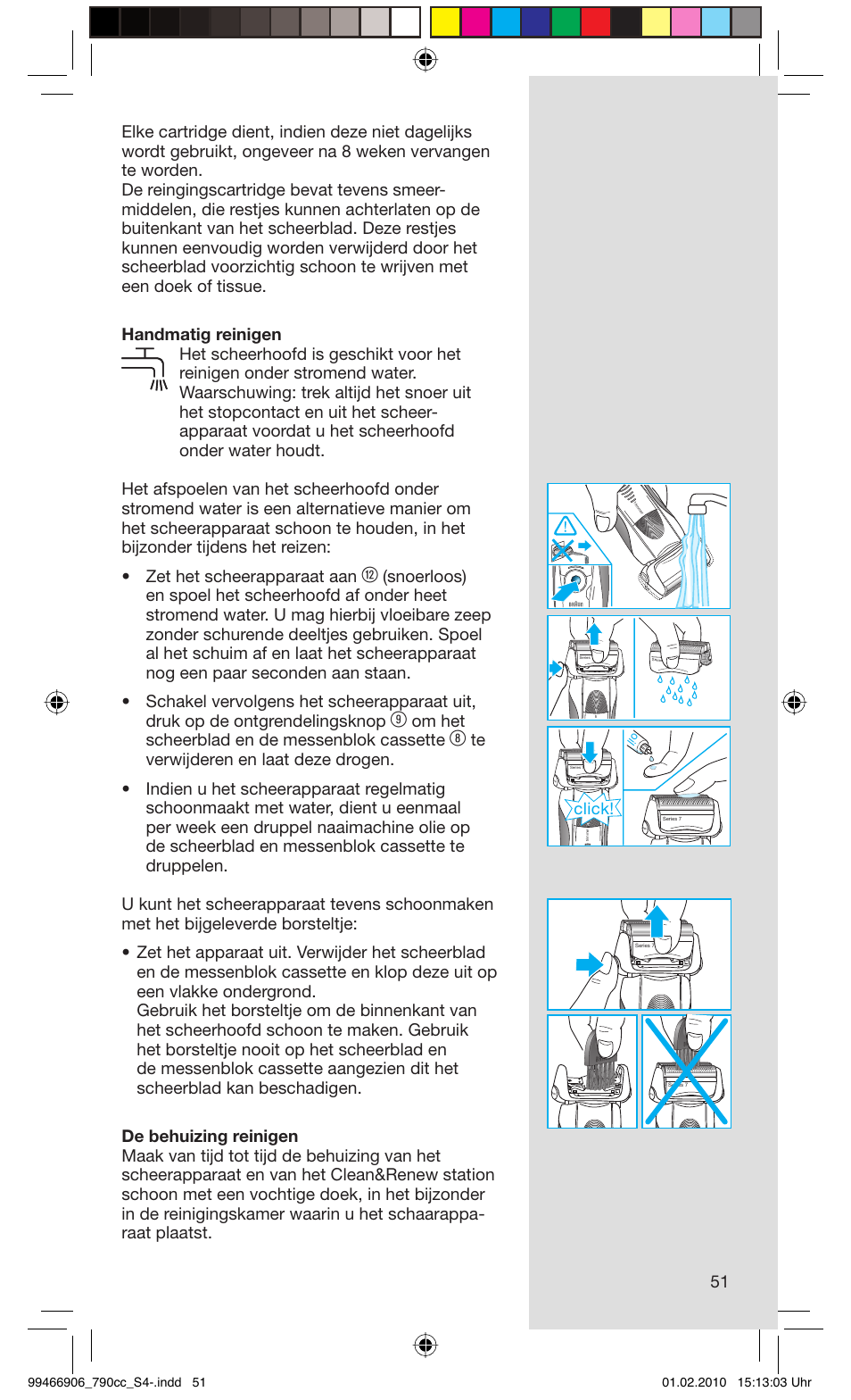 Om het scheerblad en de messenblok cassette, Click | Braun 790cc-3 Series 7 User Manual | Page 51 / 101