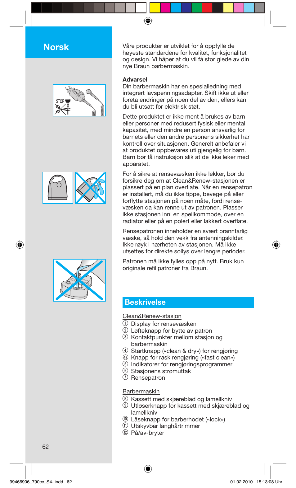 Norsk, Beskrivelse | Braun 790cc-3 Series 7 User Manual | Page 62 / 101