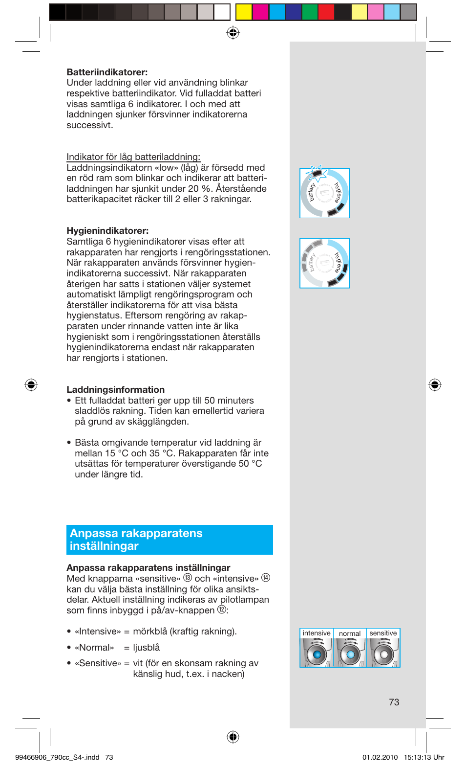 Anpassa rakapparatens inställningar, Och «intensive | Braun 790cc-3 Series 7 User Manual | Page 73 / 101