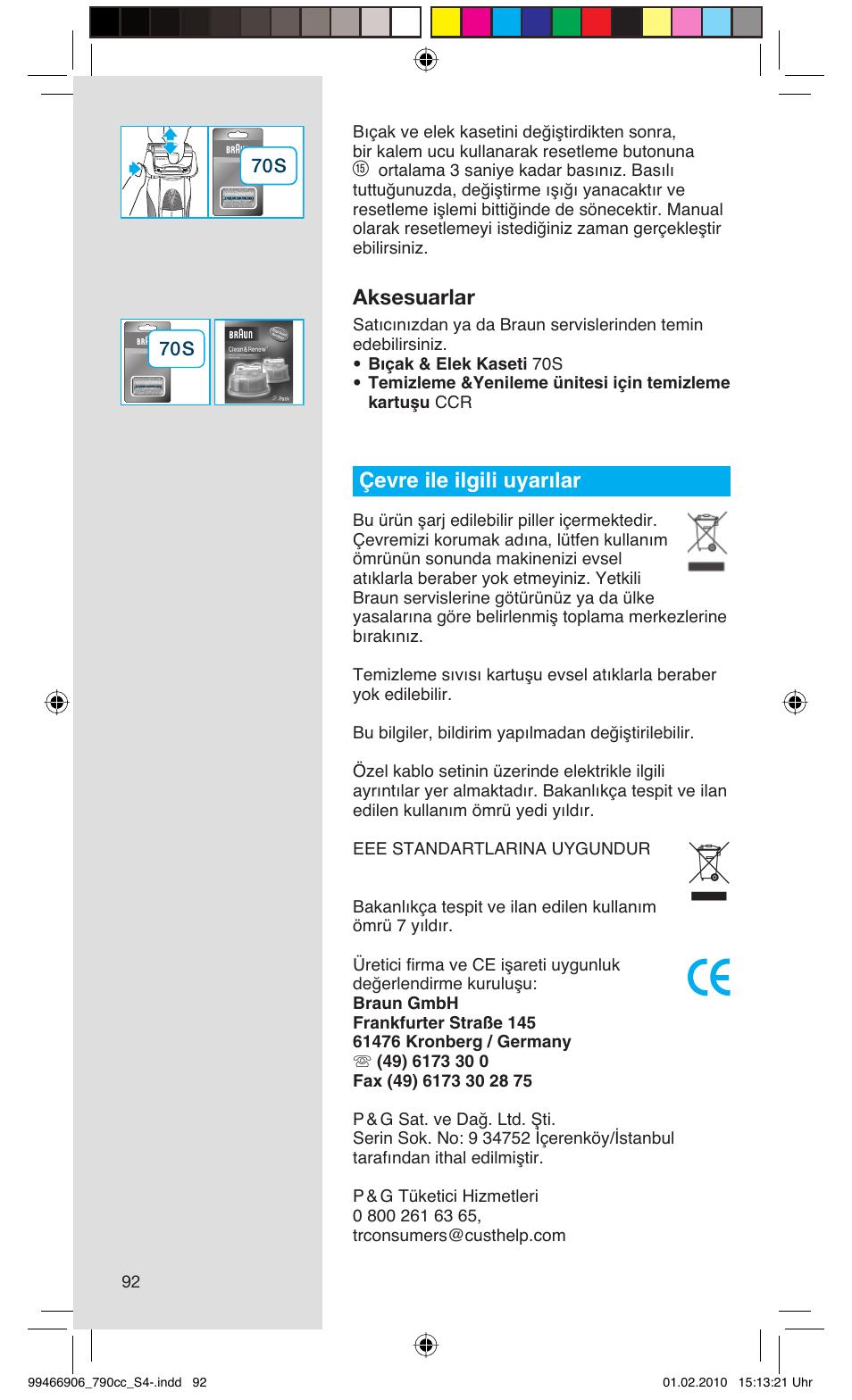 Aksesuarlar, Çevre ile ilgili uyarılar | Braun 790cc-3 Series 7 User Manual | Page 92 / 101