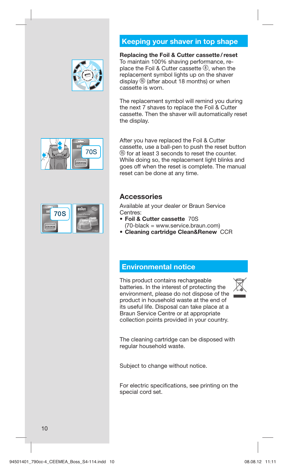 Keeping your shaver in top shape, Accessories, Environmental notice | Braun 790cc-4 Series 7  RU User Manual | Page 10 / 110