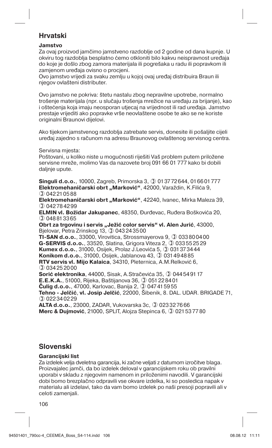 Hrvatski, Slovenski | Braun 790cc-4 Series 7  RU User Manual | Page 106 / 110