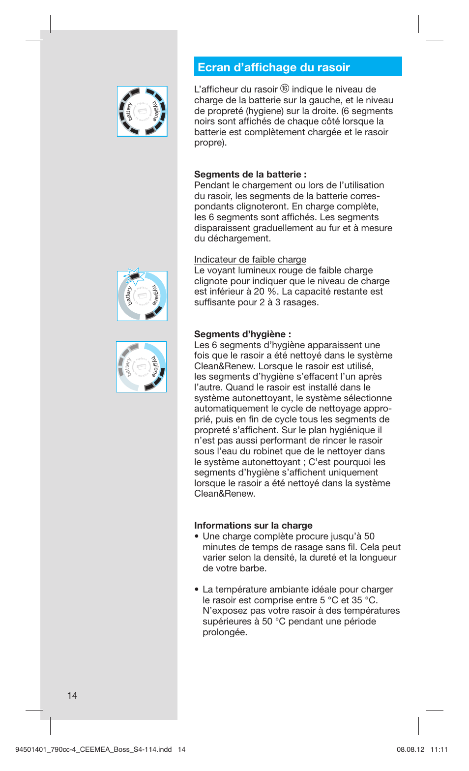 Ecran d’afﬁ chage du rasoir, L’afﬁ cheur du rasoir | Braun 790cc-4 Series 7  RU User Manual | Page 14 / 110