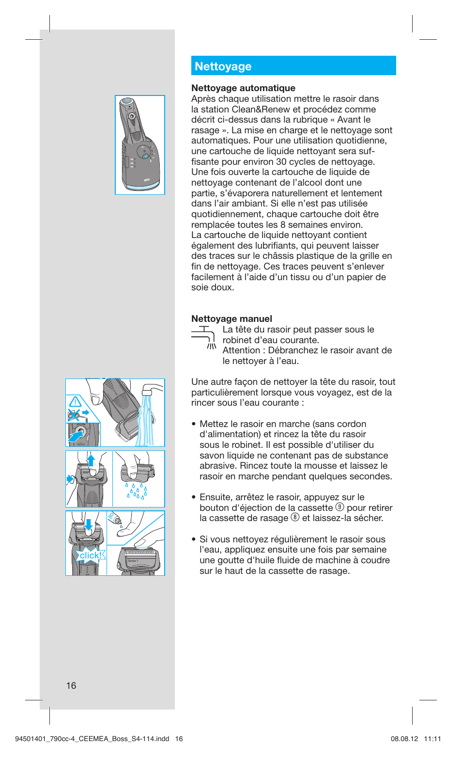 Nettoyage, Pour retirer la cassette de rasage, Click | Braun 790cc-4 Series 7  RU User Manual | Page 16 / 110