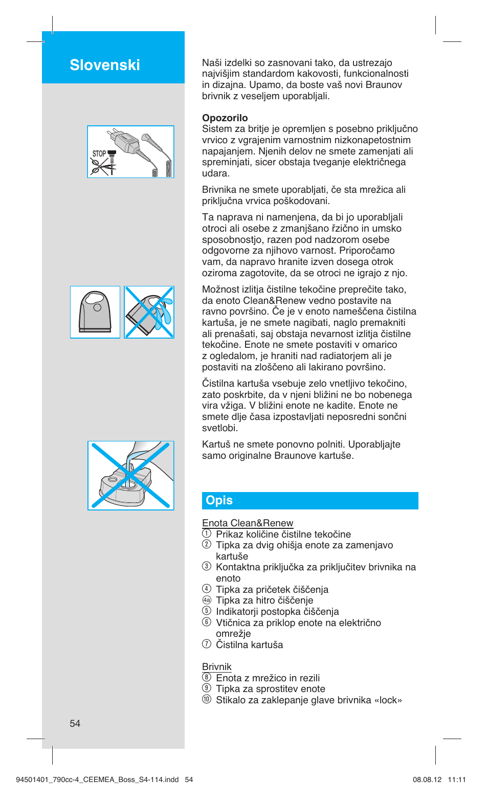 Slovenski, Opis | Braun 790cc-4 Series 7  RU User Manual | Page 54 / 110