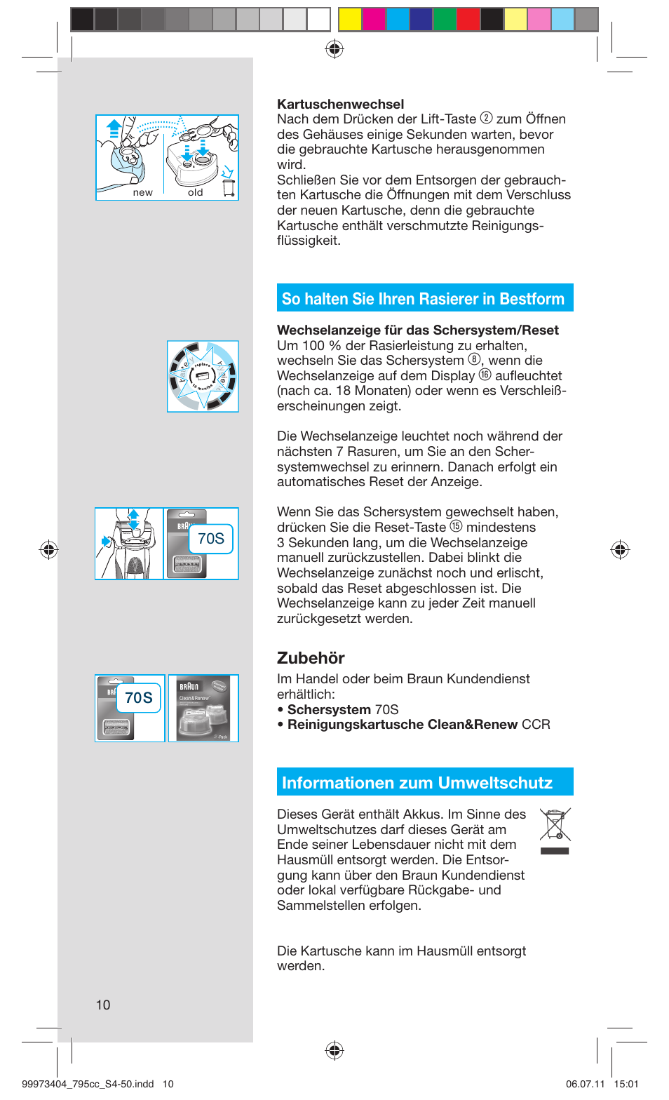 So halten sie ihren rasierer in bestform, Zubehör, Informationen zum umweltschutz | Braun 795cc-3 Series 7 User Manual | Page 10 / 49