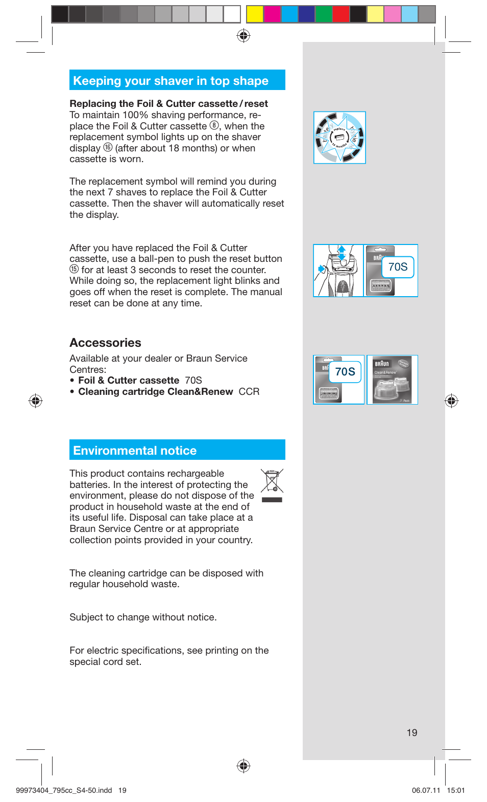 Keeping your shaver in top shape, Accessories, Environmental notice | Braun 795cc-3 Series 7 User Manual | Page 19 / 49