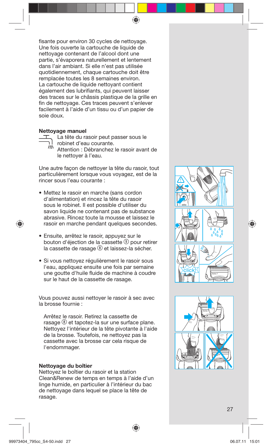 Pour retirer la cassette de rasage, Click | Braun 795cc-3 Series 7 User Manual | Page 27 / 49