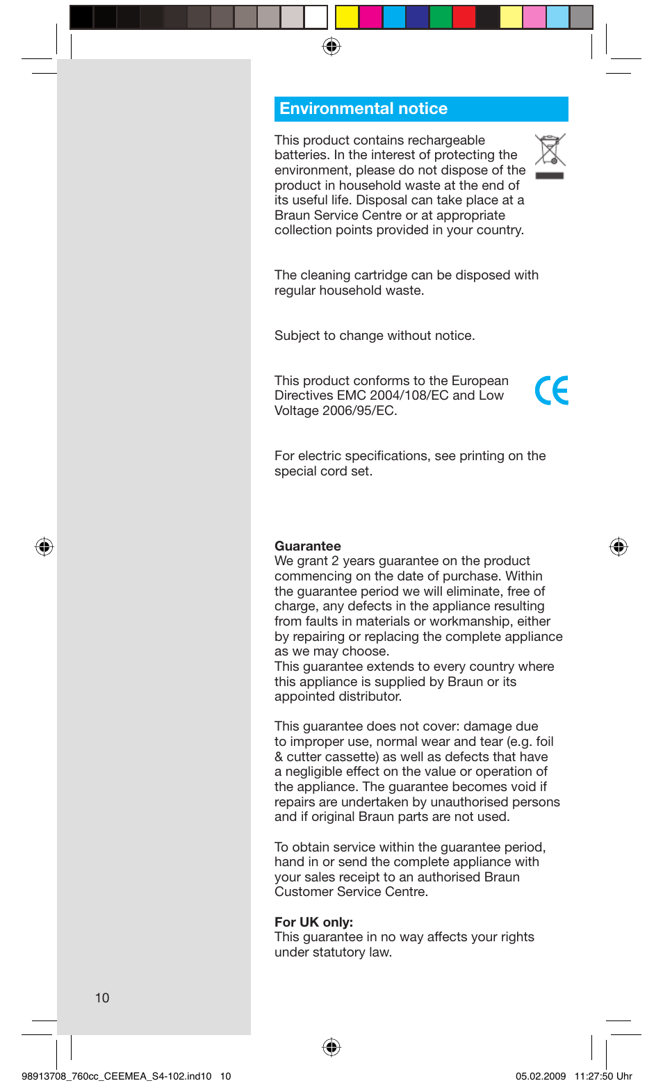 Environmental notice | Braun 760cc Series 7 User Manual | Page 10 / 101