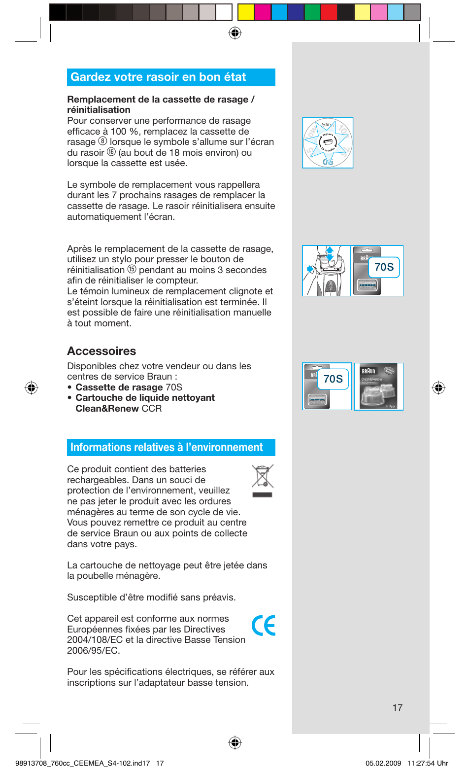 Gardez votre rasoir en bon état, Accessoires, Informations relatives à l’environnement | Braun 760cc Series 7 User Manual | Page 17 / 101