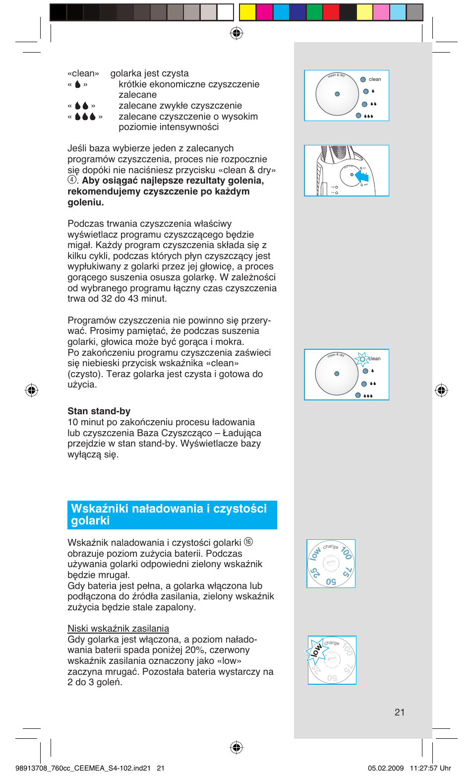 Wskaźniki naładowania i czystości golarki, Wskaźnik naladowania i czystości golarki | Braun 760cc Series 7 User Manual | Page 21 / 101