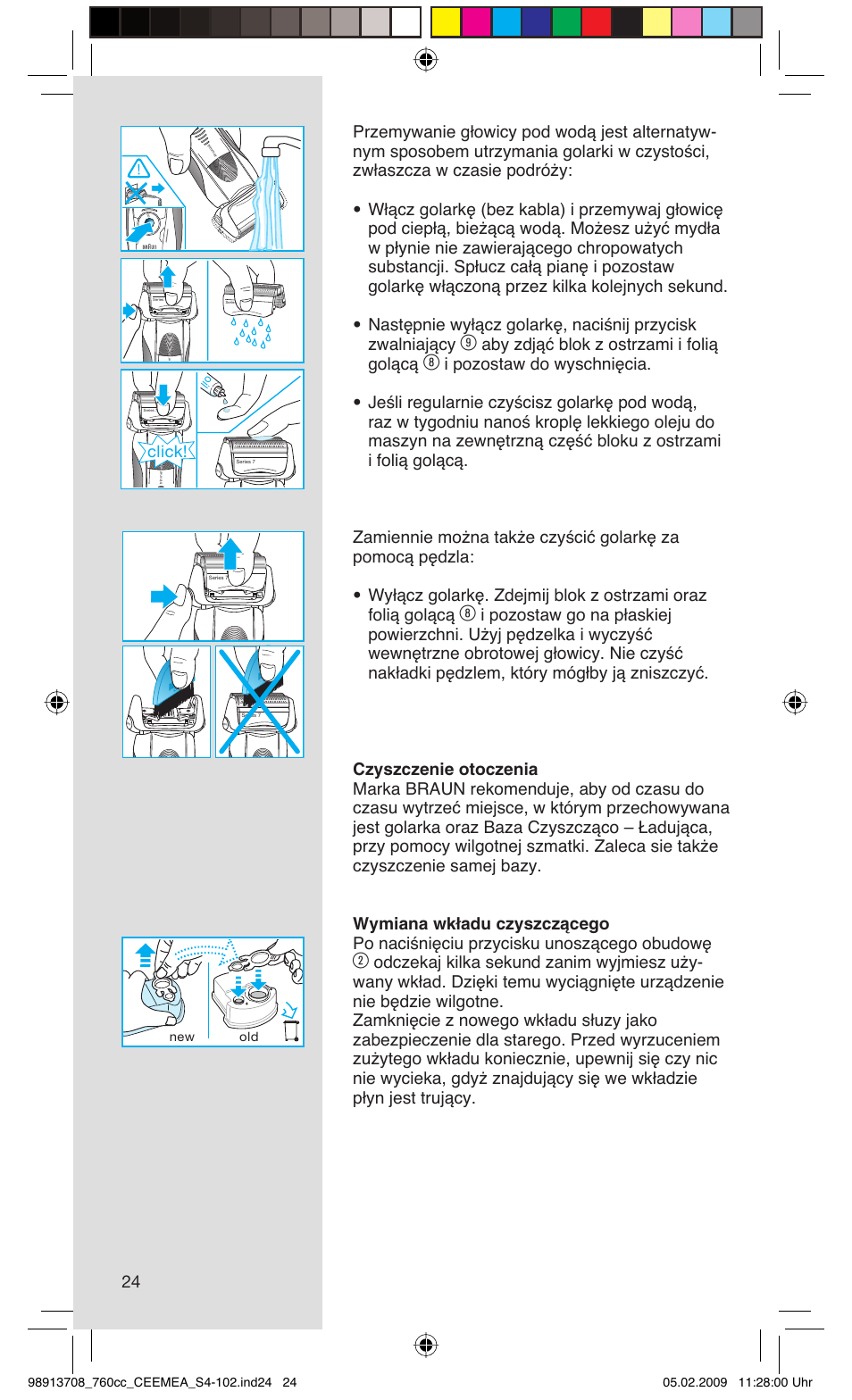 Aby zdjąć blok z ostrzami i folią golącą, Click | Braun 760cc Series 7 User Manual | Page 24 / 101