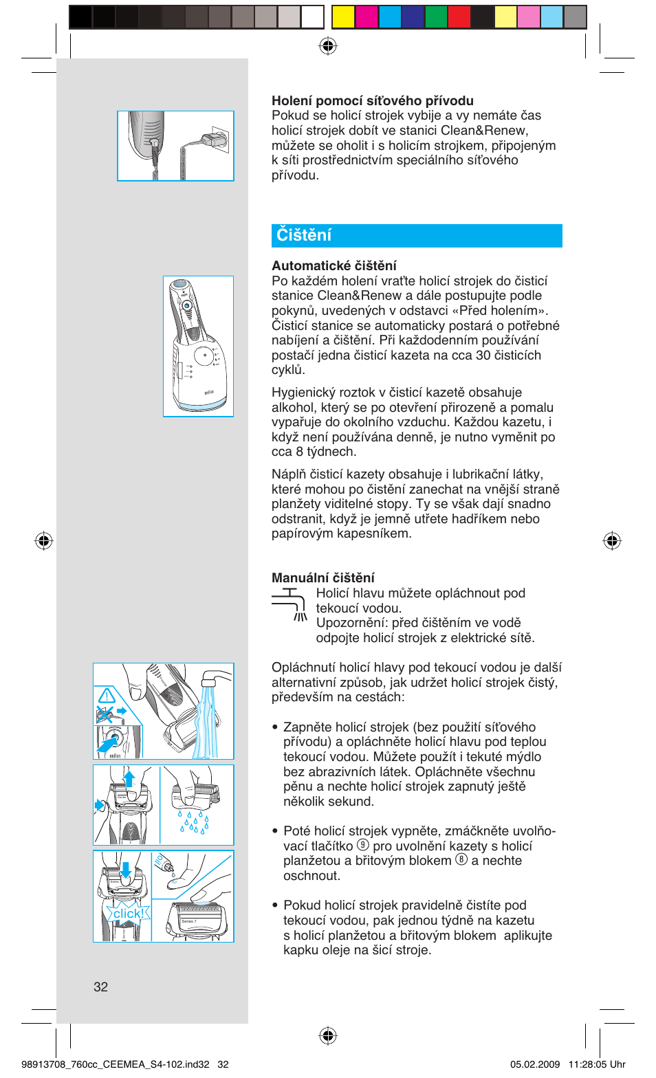 Čištění, Click, Rese t | Braun 760cc Series 7 User Manual | Page 32 / 101