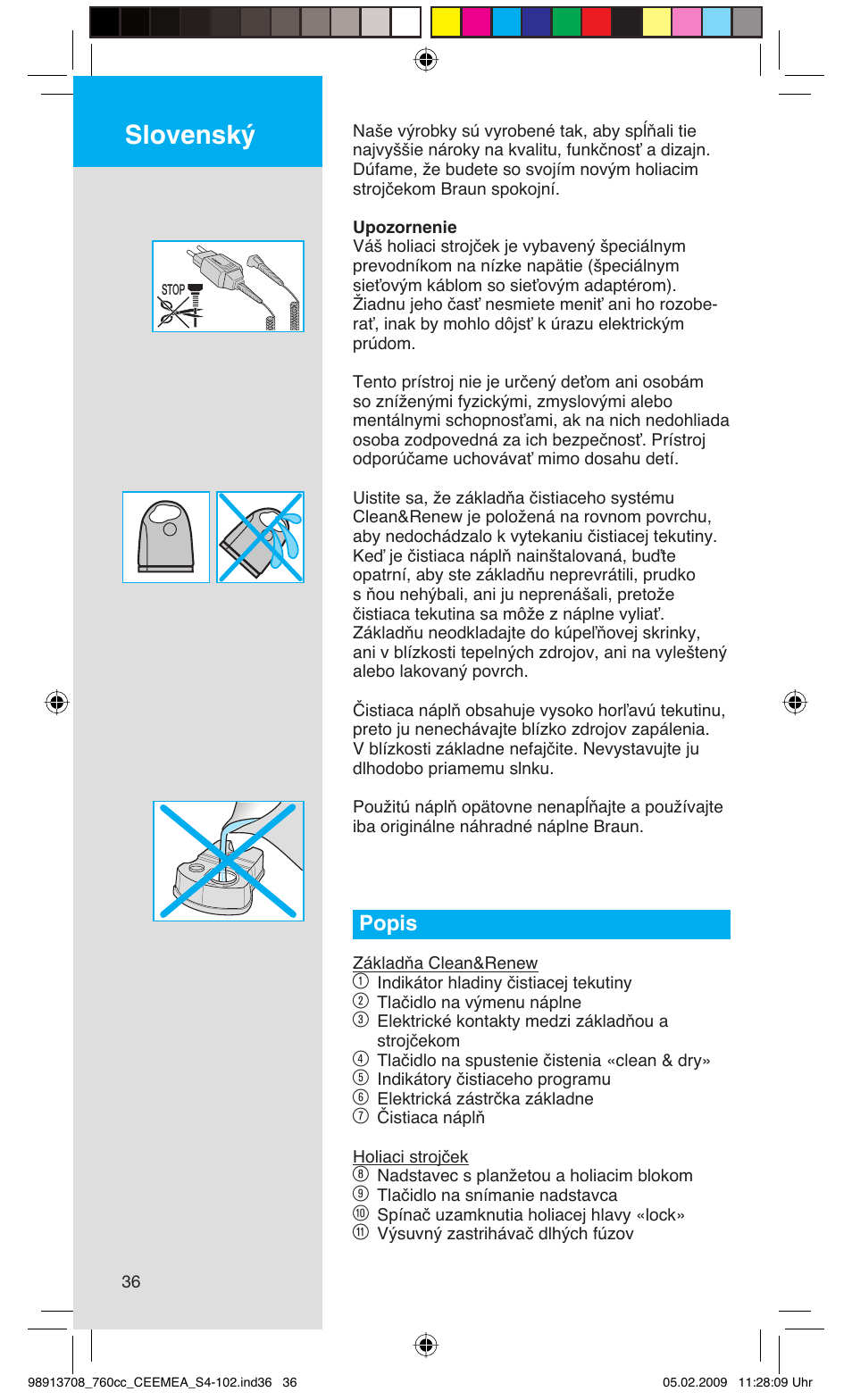 Slovensk, Popis | Braun 760cc Series 7 User Manual | Page 36 / 101