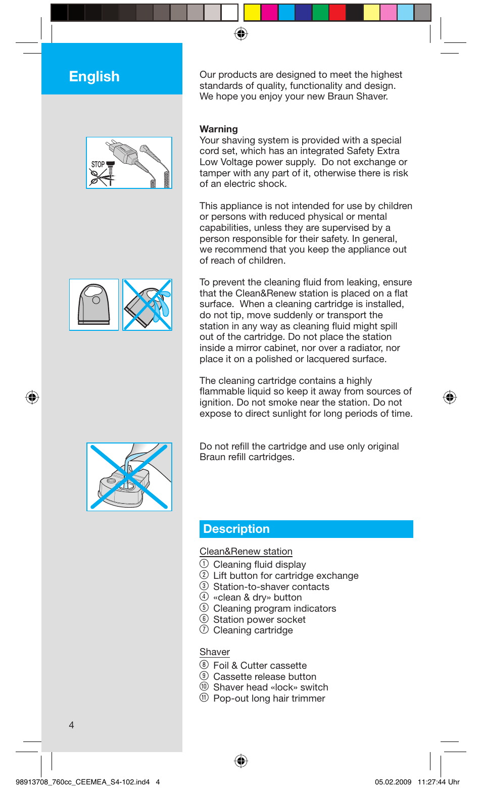 English, Description | Braun 760cc Series 7 User Manual | Page 4 / 101