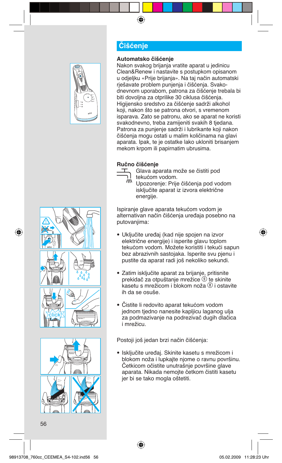 Čišćenje, Te skinite kasetu s mrežicom i blokom noža, Click | Rese t | Braun 760cc Series 7 User Manual | Page 56 / 101