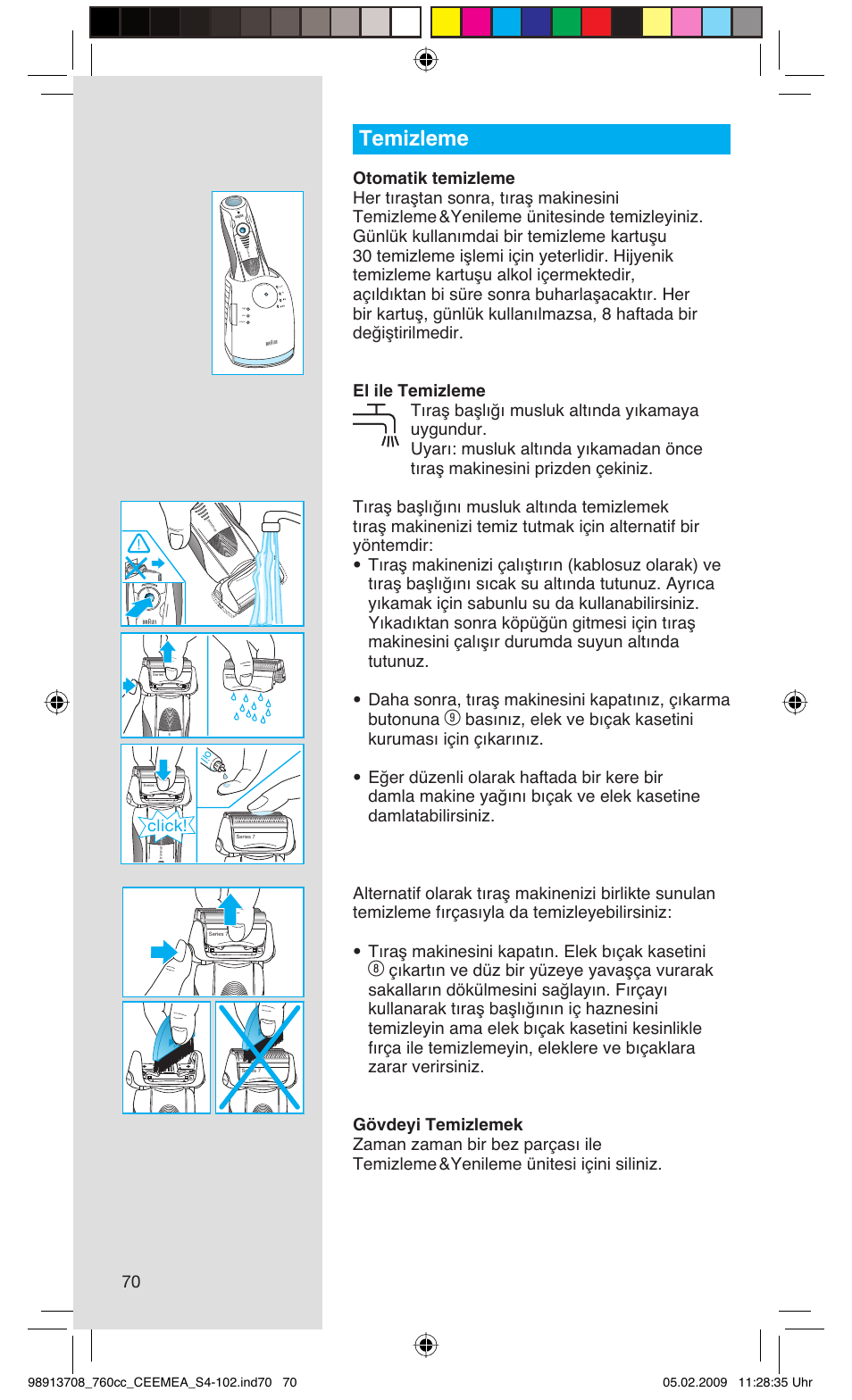 Temizleme, Click, Rese t | Braun 760cc Series 7 User Manual | Page 70 / 101