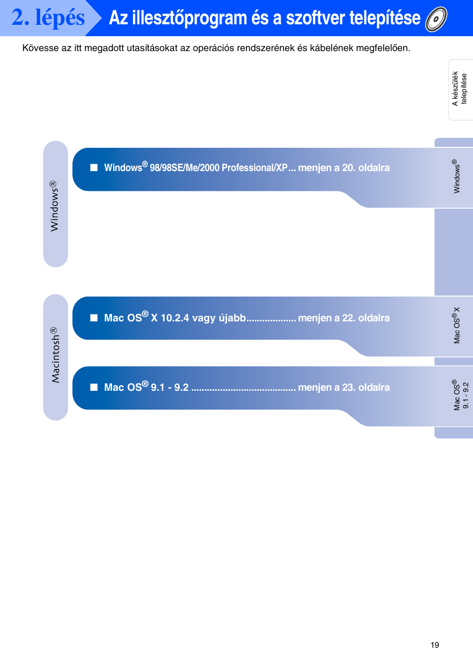 Lépés az illesztőprogram és a szoftver telepítése, Lépés, Az illesztőprogram és a szoftver telepítése | Brother MFC-425CN User Manual | Page 21 / 40