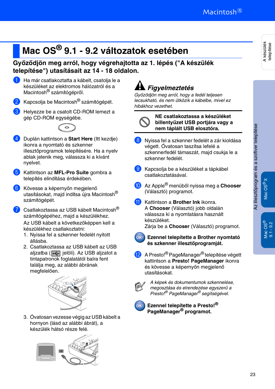 Mac os® 9.1 - 9.2 változatok esetében, Mac os, 1 - 9.2 változatok esetében | Figyelmeztetés | Brother MFC-425CN User Manual | Page 25 / 40