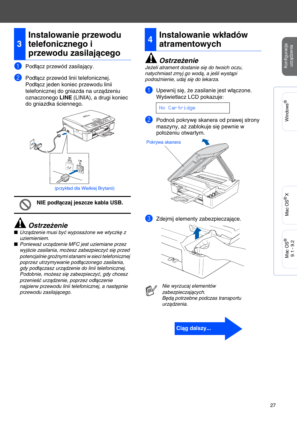 4 instalowanie wkładów atramentowych, 4instalowanie wkładów atramentowych, Ostrzeżenie | Brother MFC-425CN User Manual | Page 29 / 40