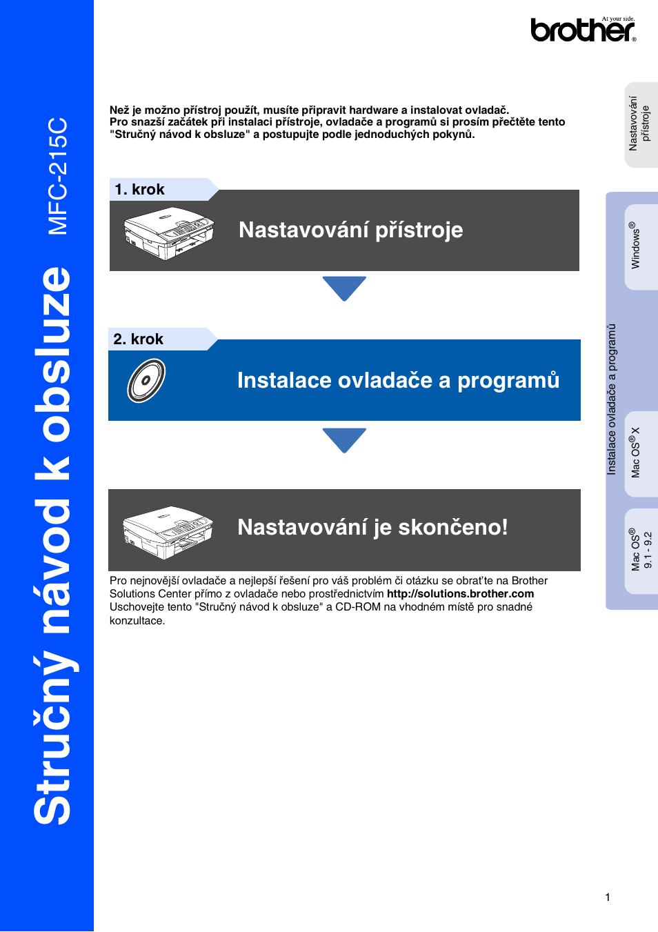 Stručný návod k obsluze, Přejděte na stranu 1, Mf c -215c | Nastavování přístroje | Brother MFC-425CN User Manual | Page 3 / 40