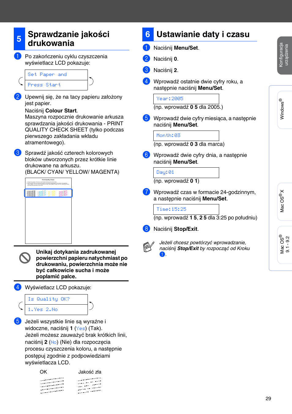 5 sprawdzanie jakości drukowania, 6 ustawianie daty i czasu, 5sprawdzanie jakości drukowania | 6ustawianie daty i czasu | Brother MFC-425CN User Manual | Page 31 / 40