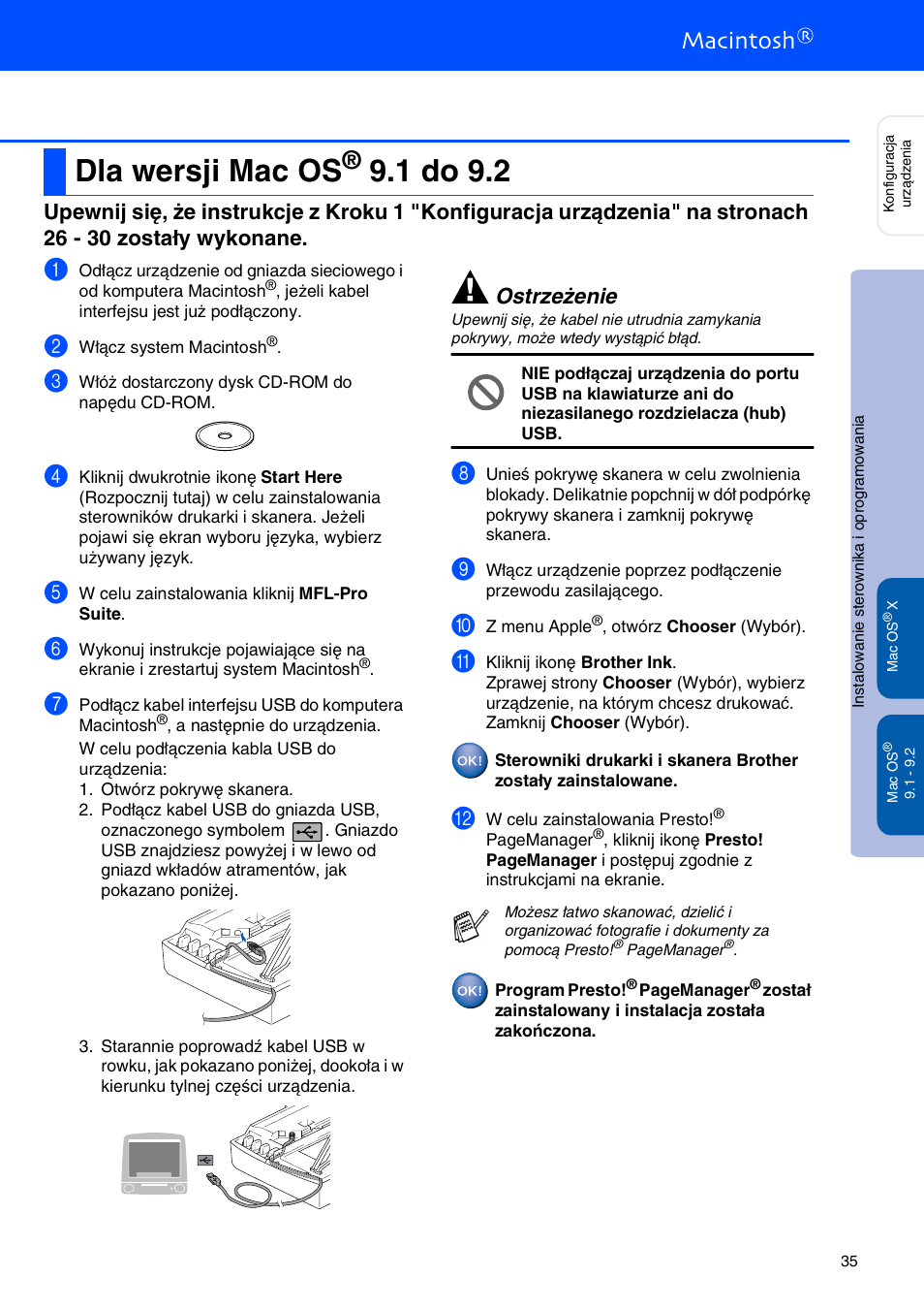 Dla wersji mac os® 9.1 do 9.2, Dla wersji mac os, 1 do 9.2 | Ostrzeżenie | Brother MFC-425CN User Manual | Page 37 / 40