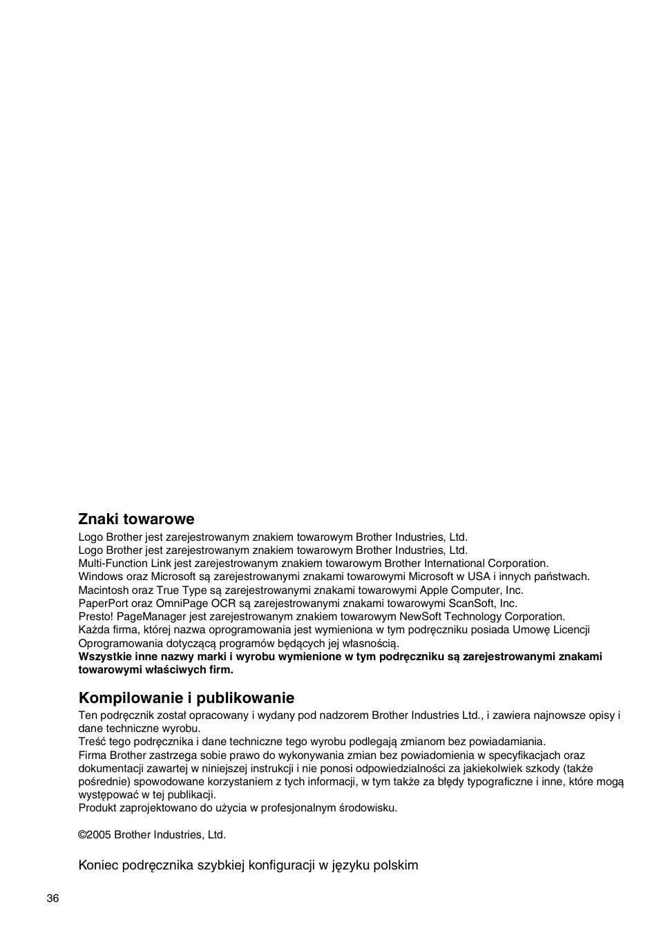 Znaki towarowe, Kompilowanie i publikowanie | Brother MFC-425CN User Manual | Page 38 / 40