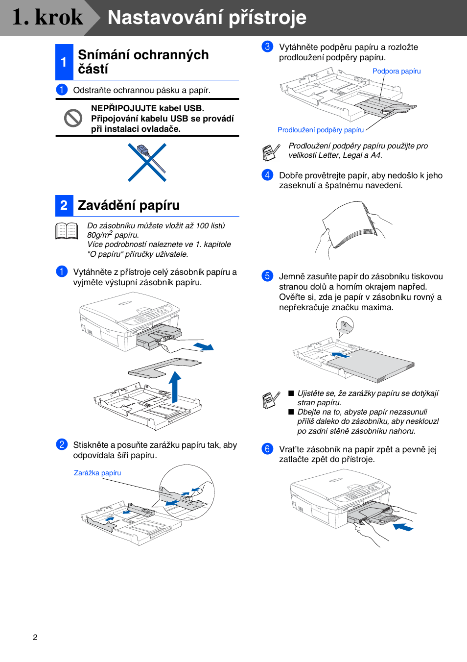 Krok nastavování přístroje, 1 snímání ochranných částí, 2 zavádění papíru | Krok, Nastavování přístroje, 1snímání ochranných částí 2 zavádění papíru | Brother MFC-425CN User Manual | Page 4 / 40