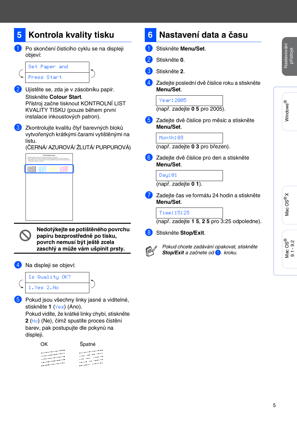 5 kontrola kvality tisku, 6 nastavení data a času, 5kontrola kvality tisku | 6nastavení data a času | Brother MFC-425CN User Manual | Page 7 / 40