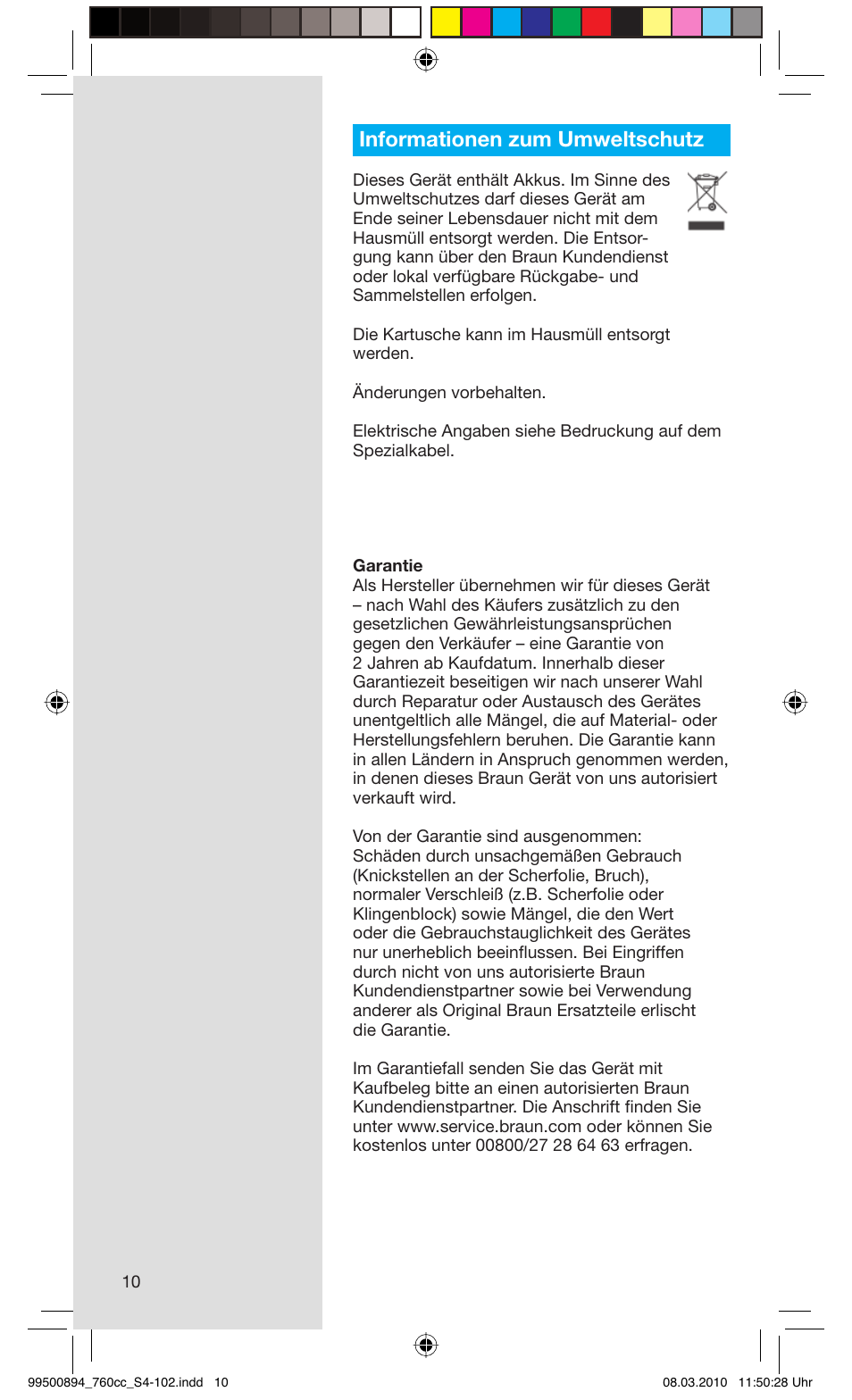 Informationen zum umweltschutz | Braun 760cc-4  Series 7 User Manual | Page 10 / 101