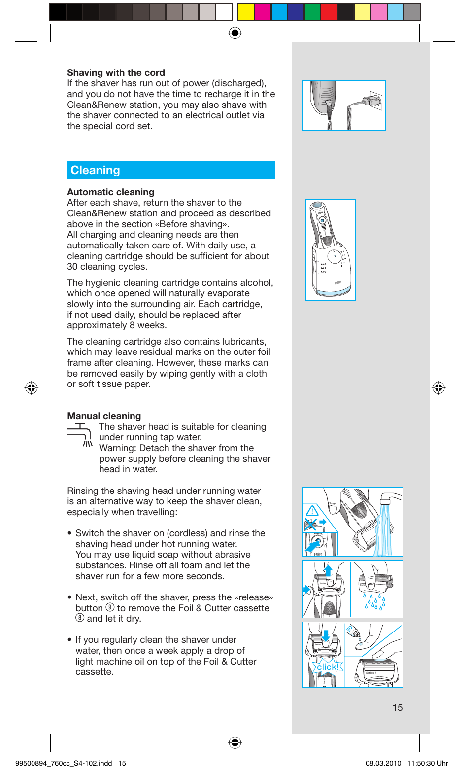 Cleaning, Click | Braun 760cc-4  Series 7 User Manual | Page 15 / 101