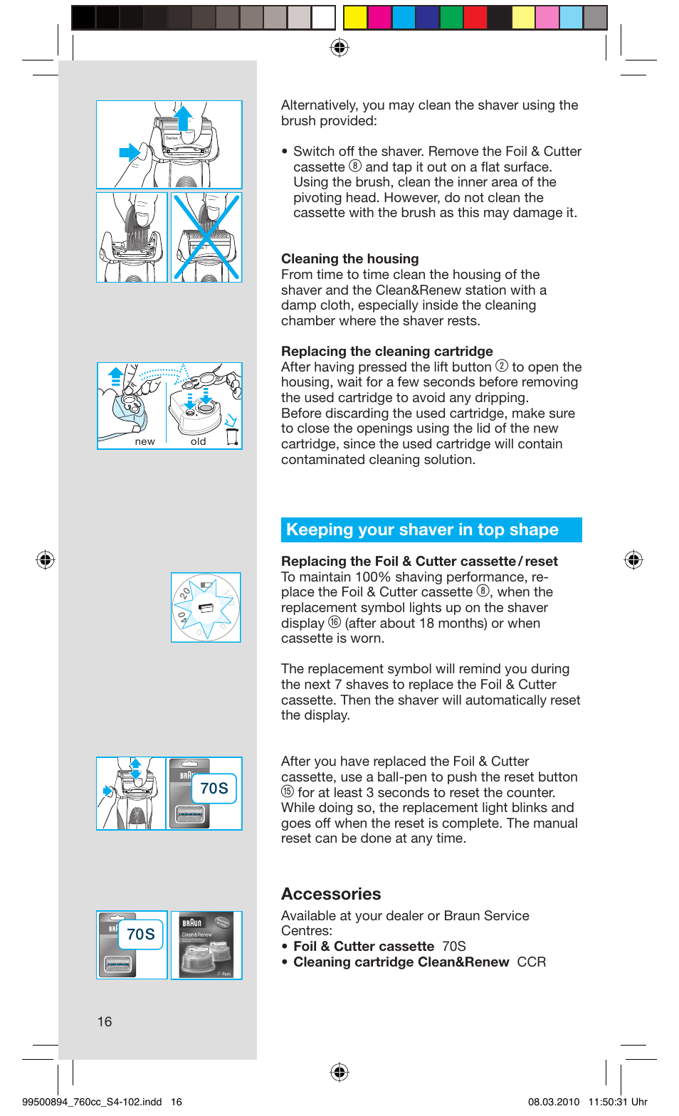 Keeping your shaver in top shape, Accessories | Braun 760cc-4  Series 7 User Manual | Page 16 / 101