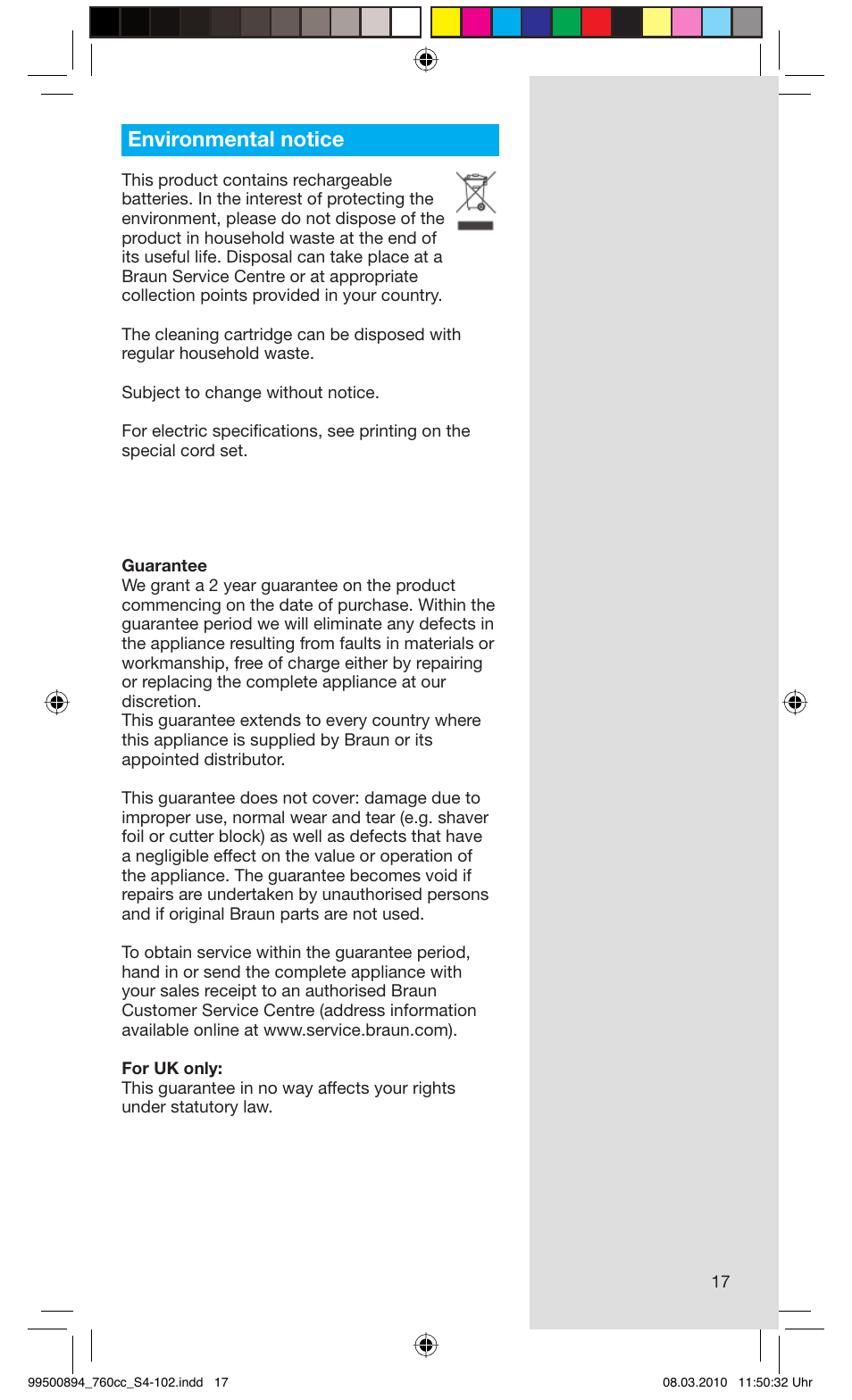 Environmental notice | Braun 760cc-4  Series 7 User Manual | Page 17 / 101