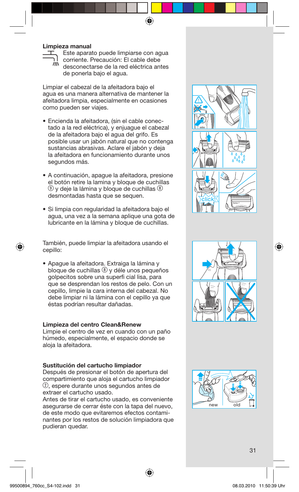 Y deje la lámina y bloque de cuchillas, Click | Braun 760cc-4  Series 7 User Manual | Page 31 / 101