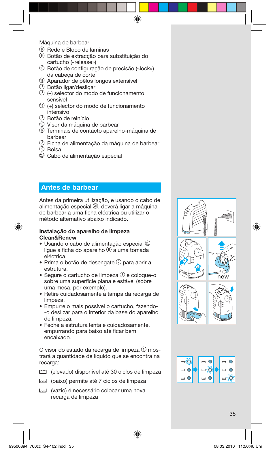 Antes de barbear | Braun 760cc-4  Series 7 User Manual | Page 35 / 101