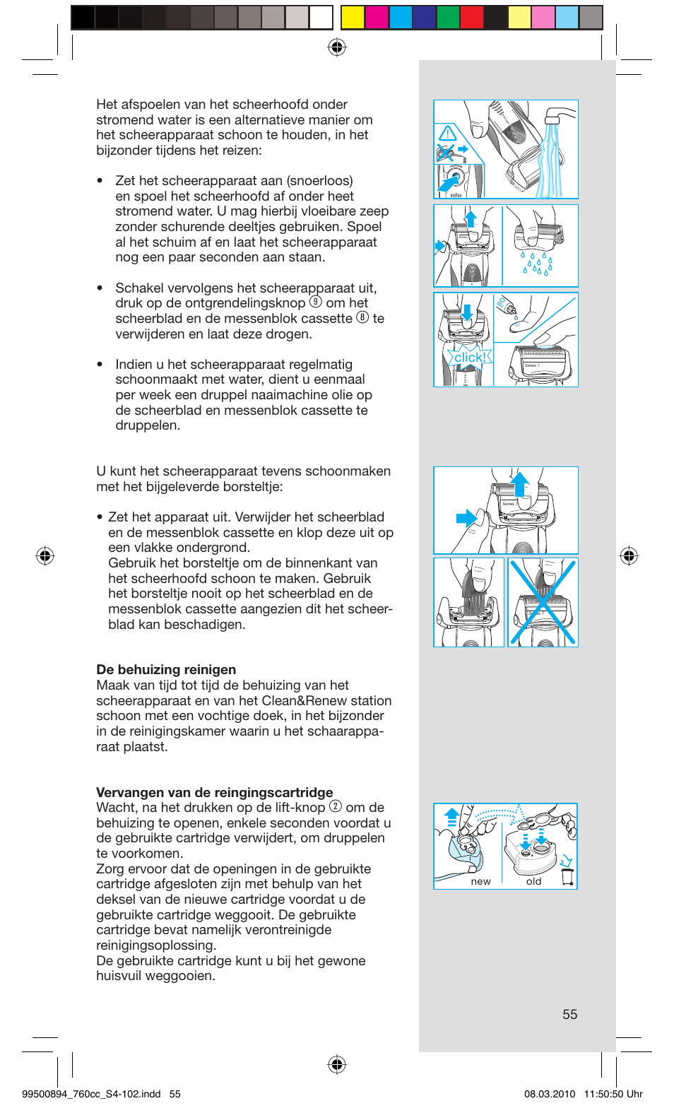 Om het scheerblad en de messenblok cassette, Click | Braun 760cc-4  Series 7 User Manual | Page 55 / 101